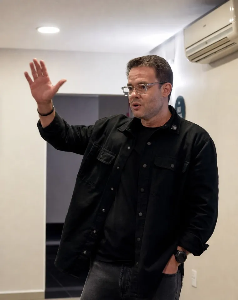 João Paulo Pereira conduzindo um encontro com empresários